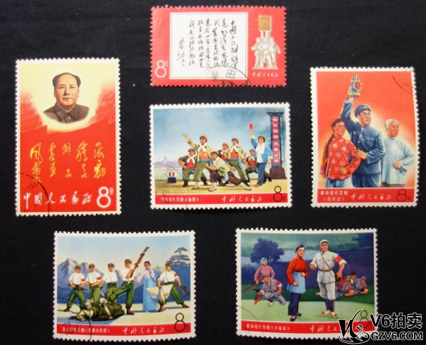 Lot95-177: 文11 風(fēng)雷，海港，紅燈記，白虎團(tuán)，沙家浜各一枚 蓋戳 后膠微黃 中上品